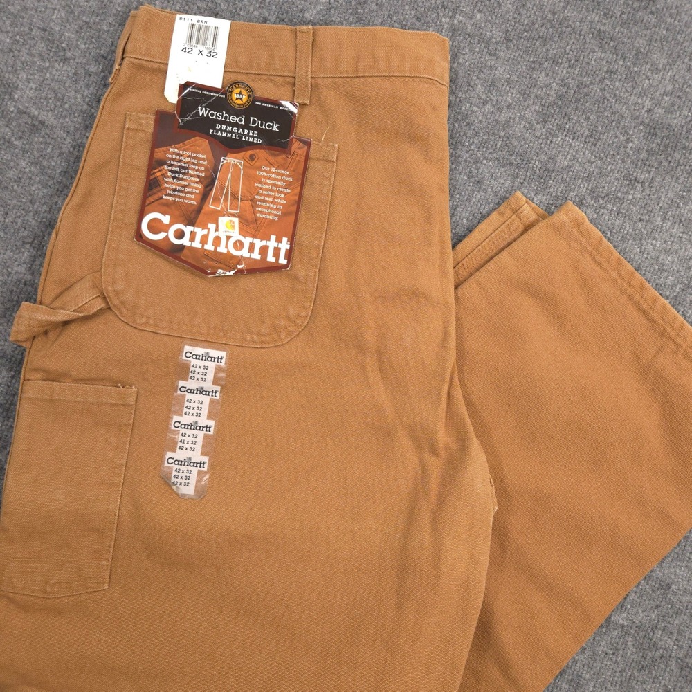 Carhartt Washed Duck Flannel Lined Work Pants Mens 42X32 Brown Made In USA NEW